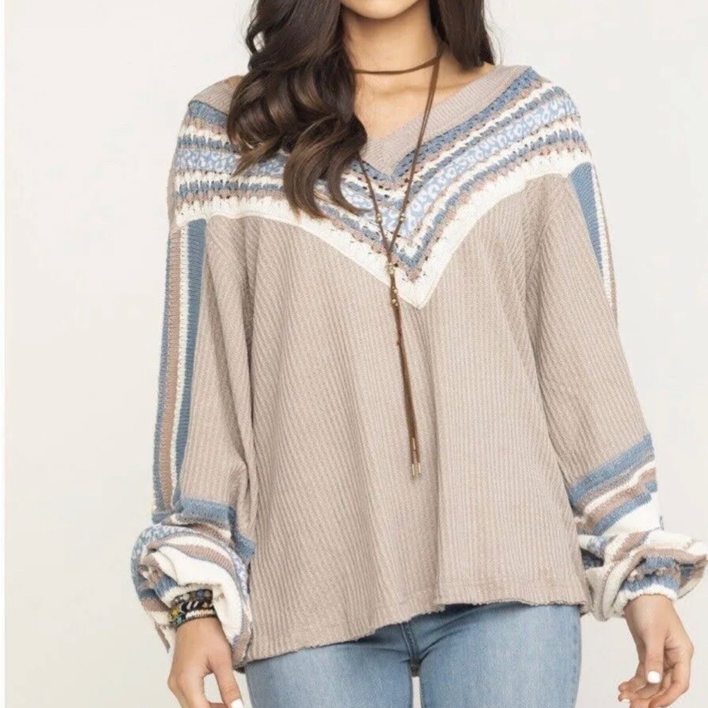 Free People Copenhagen Thermal Long Sleeve Top Beige People Combo Size M